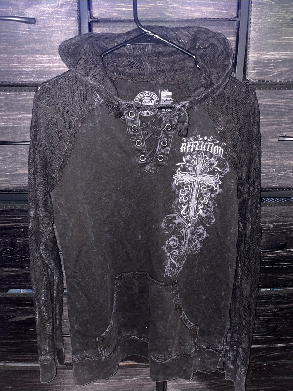 Affliction Black Lace-Up long sleeve with White Logo Print with lace hood